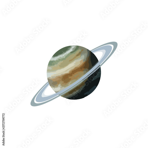 Detailed vector graphic of a brown and green striped planet with rings representing Saturn or Jupiter.