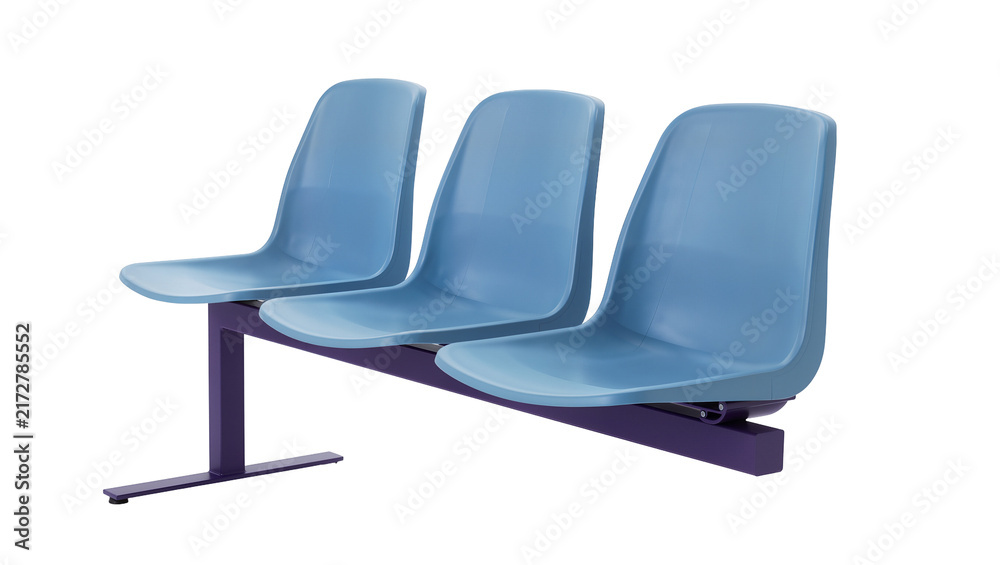 Obraz premium Row of three blue plastic waiting room chairs on purple metal frame, isolated on transparent background