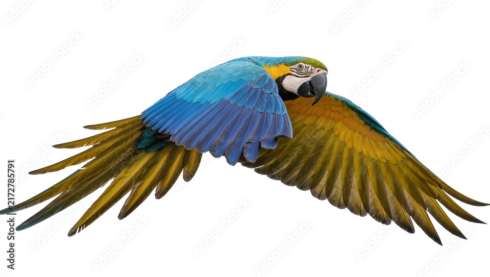 Fototapeta premium Blue and yellow macaw parrot in flight, isolated on transparent background