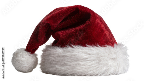 Fotografie Plush red Santa hat with white fur trim and pompom, isolated on transparent back