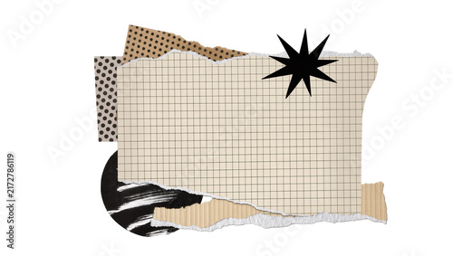 Fotografie Collage of torn paper scraps with grid polka dots and starburst, isolated on tra