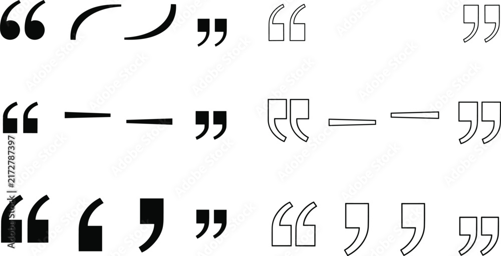 Naklejka premium Quotation marks and punctuation typography vector icon set featuring text commas double quotes dashes and citation elements