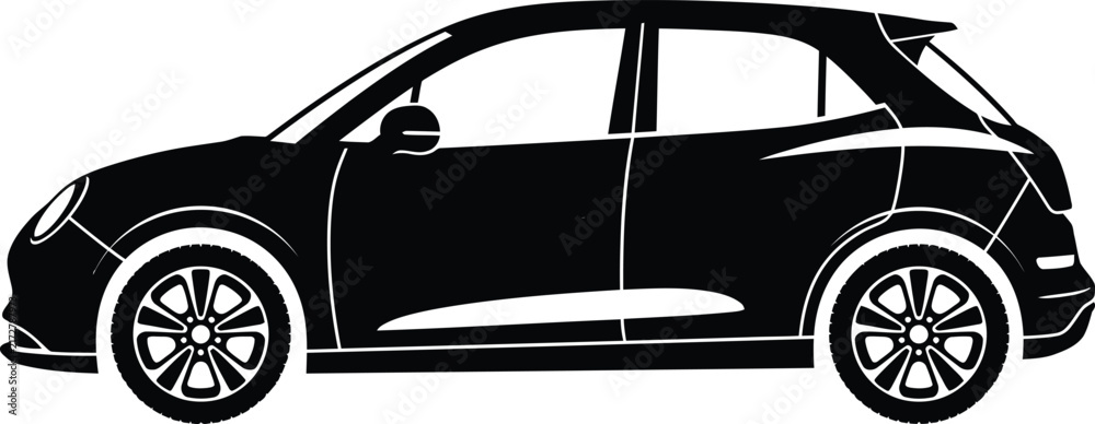 Naklejka premium Modern Car Silhouette Vector Illustration - Sleek Black Hatchback Side View Icon for Automotive Graphic Design, Transportation Clipart, and Auto Industry Promotional Projects.
