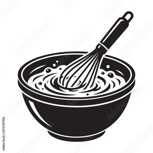 Black and white vector illustration of a whisk stirring batter in a mixing bowl