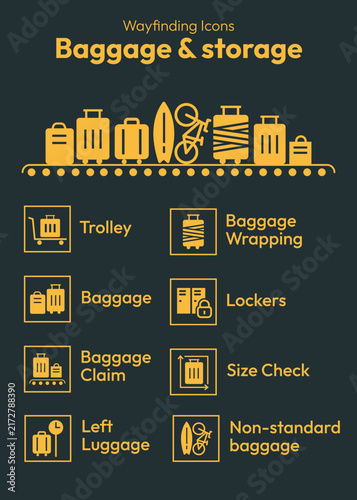 Baggage and storage vector icon set. Airport wayfinding pictograms