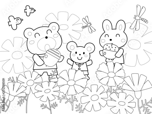 コスモスと動物たちの塗り絵