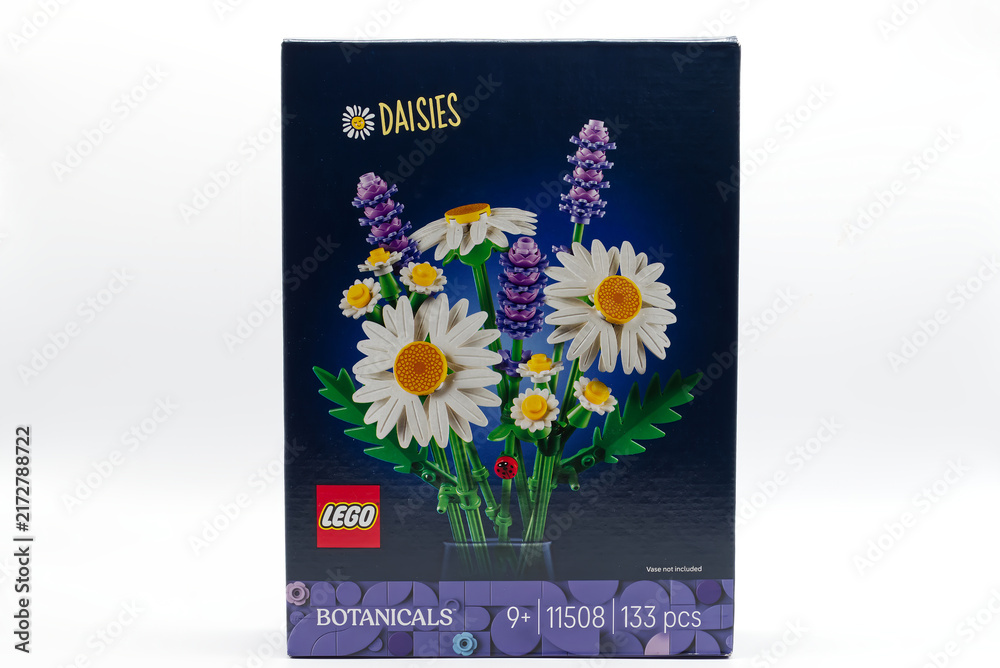 Obraz premium Bologna - Italy - August 24, 2026: Front view of the lego botanicals daisies set retail box packaging on white background.