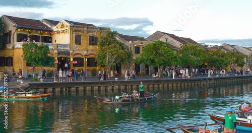 Time lapse of timelapse of Hoian Old town in Hoi An city, Da Nang province, Vietnam. Panoramic riverside of Ancient town, UNESCO world heritage. One of the most travel popular touristic destinations 