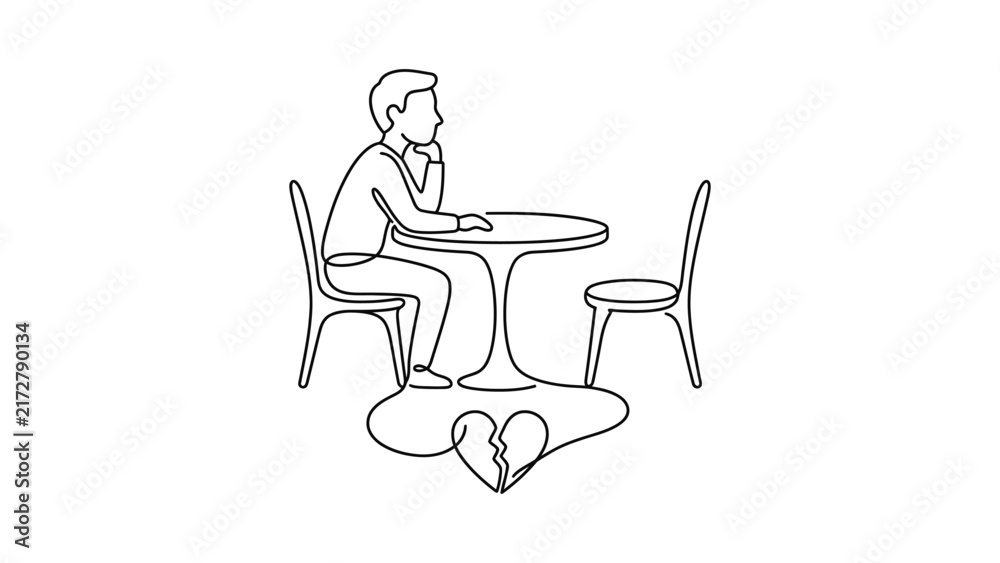 Fototapeta premium Continuous line drawing of a lonely man sitting at a cafe table.