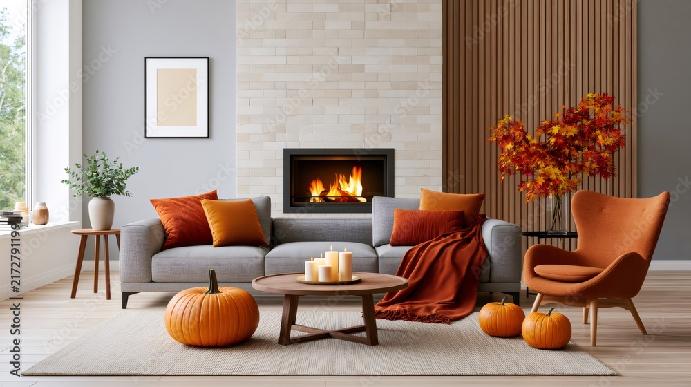 Naklejka premium Cozy living room decorating for autumn with fireplace