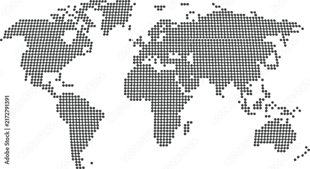 Fototapeta premium Dotted world map vector illustration with halftone circular dots pattern isolated on white background for global business design