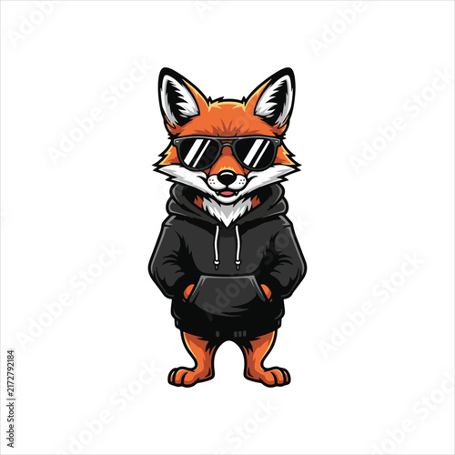 Cool red fox character wearing sunglasses and black hoodie streetwear vector illustration isolated on white background.