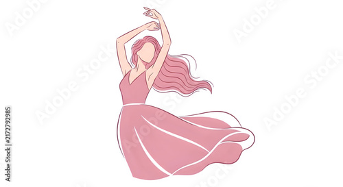 Elegant illustration of a graceful woman dancing in a flowing pink dress on a transparent background for artistic projects