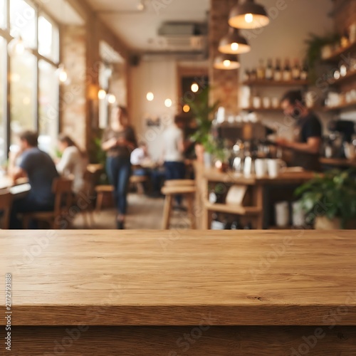 A rustic wooden table surface in the foreground with a blurred view of a busy coffee shop interior featuring people and warm hanging lights