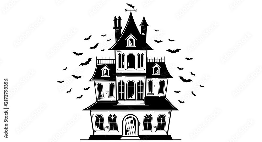 Fototapeta premium Spooky Haunted House Mansion Silhouette Illustration with Bats on a Transparent Background for Halloween Design Projects