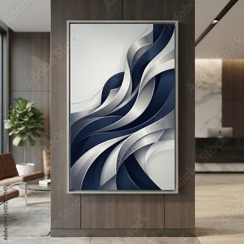 A large framed abstract painting with flowing silver and navy blue curves hangs on a dark wooden wall in a bright and spacious office lobby