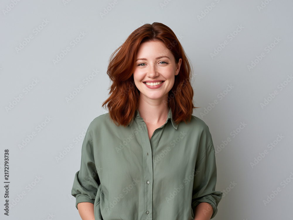 Obraz premium Portrait of a smiling young woman with red hair wearing a green shirt, looking at the camera against a plain grey studio background