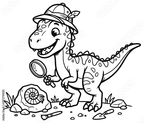 Cartoon dinosaur explorer with magnifying glass examining a fossil with rocks and plants