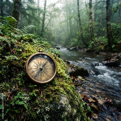 An antique brass compass resting on a mossy rock beside a flowing stream in a misty forest with tall trees and lush green vegetation
