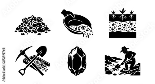 Bild auf Leinwand Mining Icons Set: Gold Panning, Prospector, Gemstones, Geology, Tools, Resources