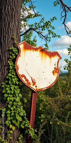 Rusty blank metal sign beside tree in overgrown woodland