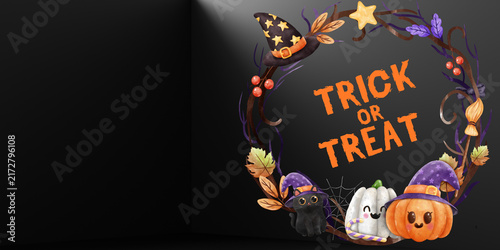 Halloween Trick or Treat greeting card, spooky wreath with cute pumpkin and black cat, festive holiday banner on dark background