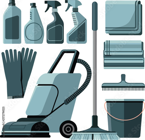 Cleaning supplies vector set includes vacuum cleaner, spray bottles, broom, bucket, gloves, and cloths arranged neatly.