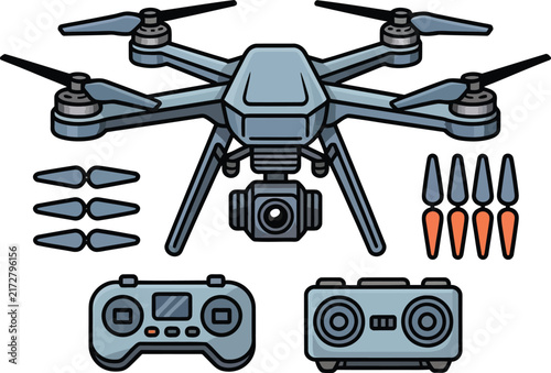 Drone quadcopter kit with camera, multiple spare propellers, and two remote control units for aerial on a clean white background