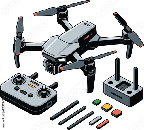 Drone quadcopter with remote control, spare propellers, and battery modules for aerial and flight hobbyists on white background