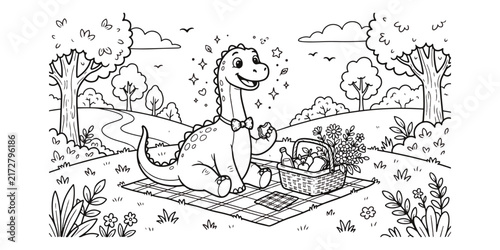 Vintage illustration of a family enjoying a picnic in a park with trees and foliage