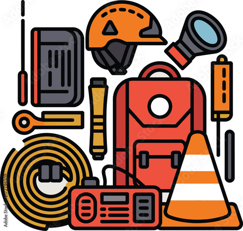 Emergency and outdoor survival gear set including a helmet, backpack, flashlight, rope, radio, and traffic cone on a clean white background