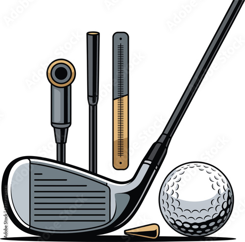 Golf equipment collection featuring a golf club, a golf ball, a tee, and a measuring tool on a clean white background, for sports enthusiasts