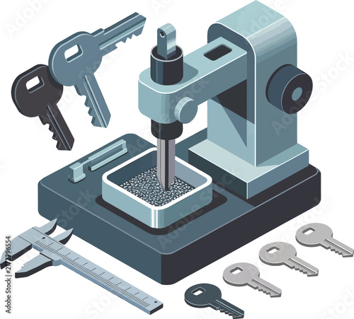 Locksmith tools and equipment set featuring a key cutting machine, various metal keys, and a caliper tool on a clean white background surface