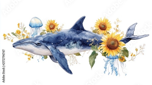 Whale and Sunflower Dreamscape: A majestic whale swims amidst a whimsical blend of sunflowers and delicate jellyfish, creating a surreal and beautiful underwater fantasy.