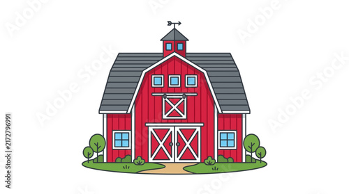 Bild auf Leinwand Traditional Red Farm Barn Building Illustration with Trees and Weather Vane