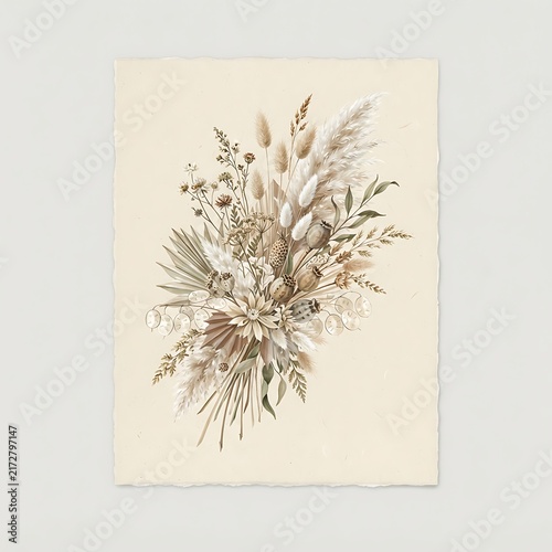 A bouquet of dried flowers and pampas grass in neutral beige tones, arranged on a textured off-white paper background, for decor