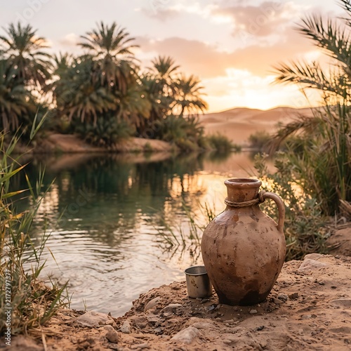 Traditional clay pitcher and small metal cup on a sandy bank by a desert oasis with palm trees and dunes under a soft golden sunset sky