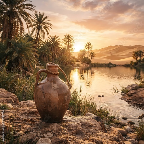 Clay water jug on a rocky ledge overlooking a desert oasis with lush palm trees and sand dunes under a warm, glowing sunset sky at dusk