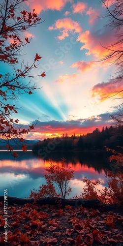 Autumn lake landscape reflecting colorful sunset sky