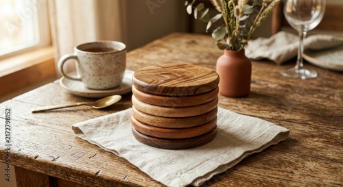 Stack of Polished Round Wooden Coasters with Natural Wood Grain on a Linen Napkin