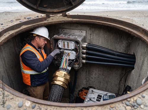 Fiber optic technician installing armored submarine cable connections inside a beach utility manhole