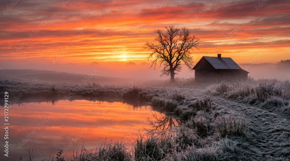 Obraz premium Wooden cabin and bare tree reflected in a pond under a bright orange sunrise in a foggy field