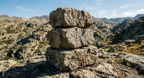 Stacked weathered granite rocks forming a cairn on a rocky mountain landscape under a clear blue sky