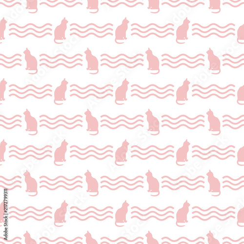 Baby pink & white seamless pattern with cat silhouette