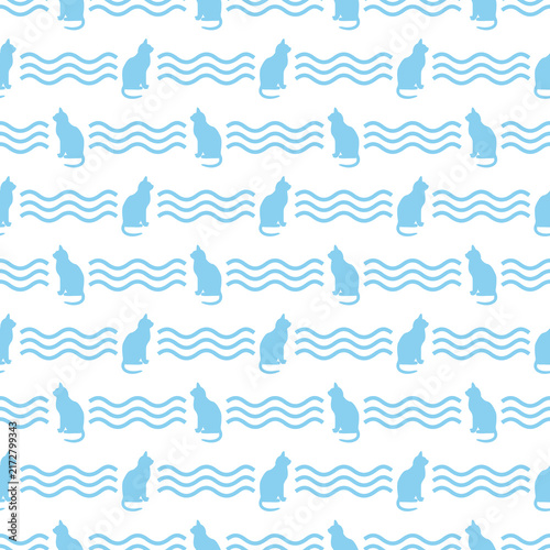 Baby blue & white seamless pattern with cat silhouette