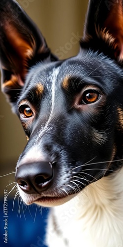 Close up portrait of black and white dog with amber eyes