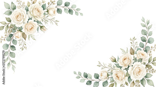Cream white roses and green eucalyptus leaves watercolor corner borders