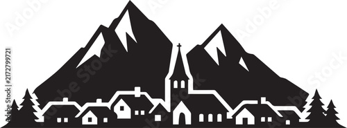 A black and white graphic illustration featuring a scenic alpine village nestled beneath towering mountain peaks in silhouette