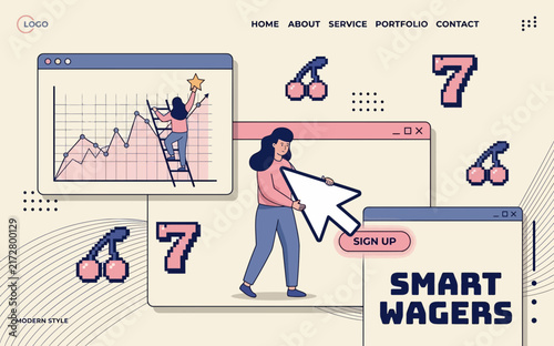 Retro web banner design featuring a growth chart ladder girl star cursor betting pixel art icons