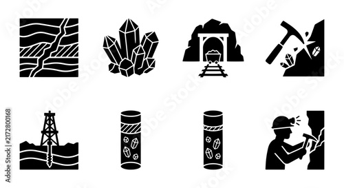 Mining Icons Set: Geology, Minerals, Extraction, Resources, Industry, Exploration, Tools